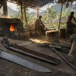 Ilustrasi belati bermata dua berpola pamor berpilin dengan gagang berukir figur manusia dan sarung kayu berukir, tergeletak di bangku kayu bengkel pandai besi beratap daun dengan perapian arang menyala
