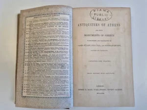 Sampul bagian dalam buku The Antiquities of Athens dengan stempel Perpustakaan Kiama