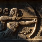 Ilustrasi pahatan relief batu candi memperlihatkan pemanah menarik busur