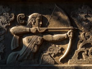 Ilustrasi pahatan relief batu candi memperlihatkan pemanah menarik busur