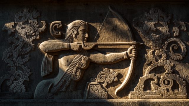 Ilustrasi pahatan relief batu candi memperlihatkan pemanah menarik busur