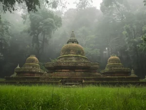 Kompleks stupa bata tua berlumut berdiri di padang rumput yang dikelilingi hutan tropis berkabut