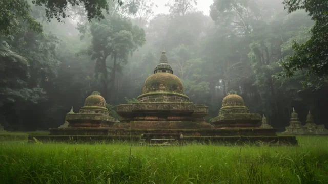 Kompleks stupa bata tua berlumut berdiri di padang rumput yang dikelilingi hutan tropis berkabut