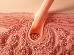 Ilustrasi penampang kulit diperbesar memperlihatkan sehelai rambut dalam folikel dengan gerombolan sel bulat menempel di sekitarnya