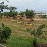 Pesisir Takisung di Kabupaten Tanah Laut dengan hamparan rumput dan laut di kejauhan.