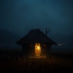 Ilustrasi saung bambu di tepi ladang huma pada malam hari.