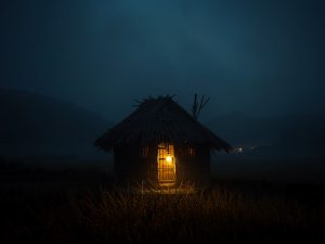 Ilustrasi saung bambu di tepi ladang huma pada malam hari.