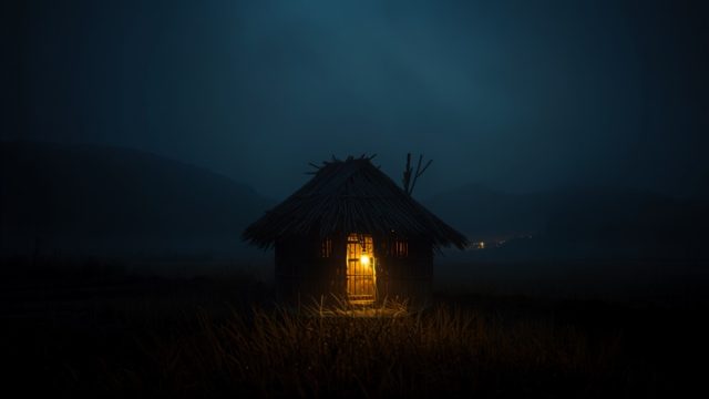 Ilustrasi saung bambu di tepi ladang huma pada malam hari.
