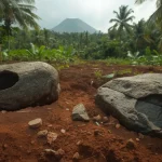 Bongkahan batu berlubang di tanah vulkanik dengan latar hutan dan kerucut gunung api