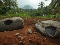 Bongkahan batu berlubang di tanah vulkanik dengan latar hutan dan kerucut gunung api