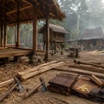 Ilustrasi halaman desa Jawa abad ke-9 di tepi hutan jati dengan bangunan kayu beratap daun yang sedang didirikan, tumpukan papan dan serpih kayu, lumbung padi berpanggung, serta warga bekerja dari kejauhan