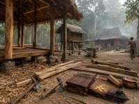 Ilustrasi halaman desa Jawa abad ke-9 di tepi hutan jati dengan bangunan kayu beratap daun yang sedang didirikan, tumpukan papan dan serpih kayu, lumbung padi berpanggung, serta warga bekerja dari kejauhan
