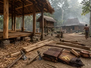 Ilustrasi halaman desa Jawa abad ke-9 di tepi hutan jati dengan bangunan kayu beratap daun yang sedang didirikan, tumpukan papan dan serpih kayu, lumbung padi berpanggung, serta warga bekerja dari kejauhan