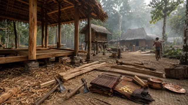 Ilustrasi halaman desa Jawa abad ke-9 di tepi hutan jati dengan bangunan kayu beratap daun yang sedang didirikan, tumpukan papan dan serpih kayu, lumbung padi berpanggung, serta warga bekerja dari kejauhan