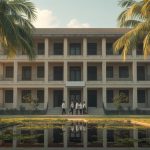 Ilustrasi gedung kuliah beton bertingkat tiga di kampus dengan pohon palem