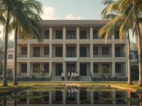 Ilustrasi gedung kuliah beton bertingkat tiga di kampus dengan pohon palem