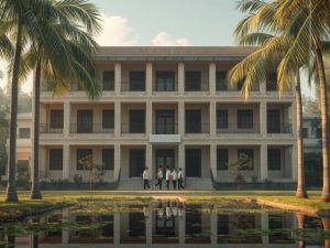 Ilustrasi gedung kuliah beton bertingkat tiga di kampus dengan pohon palem