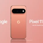 Punggung Google Pixel 11 Pro warna oranye muda dengan bilah kamera hitam