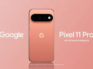 Punggung Google Pixel 11 Pro warna oranye muda dengan bilah kamera hitam