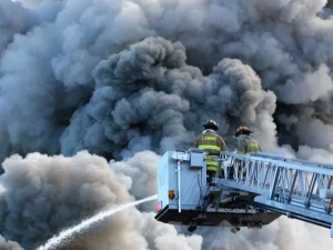 Dua petugas pemadam kebakaran di ujung tangga mobil damkar menyemprotkan air ke kepulan asap hitam