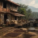 Ilustrasi gudang lada kayu dan bata tua di tepi muara sungai dengan tumpukan karung goni, dermaga papan, dan tongkang kayu bermuatan karung
