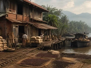Ilustrasi gudang lada kayu dan bata tua di tepi muara sungai dengan tumpukan karung goni, dermaga papan, dan tongkang kayu bermuatan karung