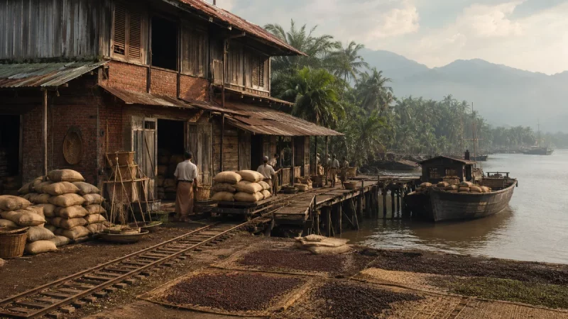 Ilustrasi gudang lada kayu dan bata tua di tepi muara sungai dengan tumpukan karung goni, dermaga papan, dan tongkang kayu bermuatan karung