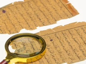 Dua lembar naskah kuno berbahasa Arab yang menguning dengan kaca pembesar di atasnya