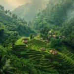 Hutan lebat menutupi perbukitan Sumatera Barat dengan permukiman dan sawah di kakinya