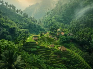 Hutan lebat menutupi perbukitan Sumatera Barat dengan permukiman dan sawah di kakinya