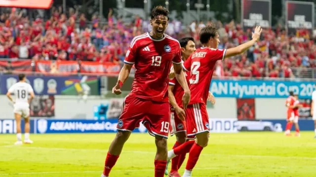 Ilhan Fandi merayakan gol penyeimbang Singapura ke gawang Timnas Indonesia pada laga Grup A Piala AFF 2026 di Stadion Jalan Besar