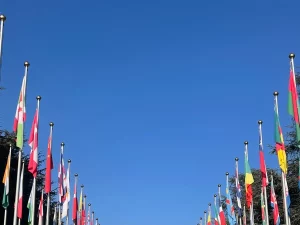 Deretan bendera berkibar di depan kantor PBB Jenewa