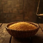 Ilustrasi bakul anyaman berisi gabah di atas meja kayu tua dengan timbangan gantung kuningan, bernuansa sepia