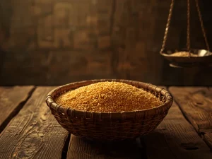 Ilustrasi bakul anyaman berisi gabah di atas meja kayu tua dengan timbangan gantung kuningan, bernuansa sepia