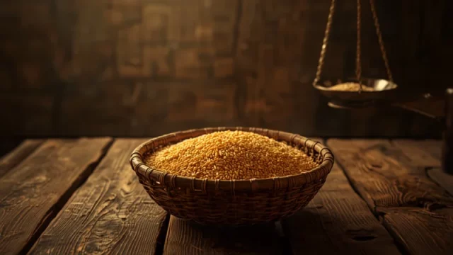 Ilustrasi bakul anyaman berisi gabah di atas meja kayu tua dengan timbangan gantung kuningan, bernuansa sepia