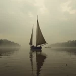 Ilustrasi perahu layar tradisional berlayar di muara sungai berkabut di pesisir barat Kalimantan