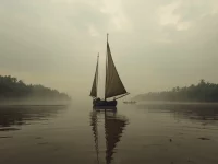 Ilustrasi perahu layar tradisional berlayar di muara sungai berkabut di pesisir barat Kalimantan