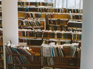 Deretan rak buku kayu di dalam ruang perpustakaan yang terang