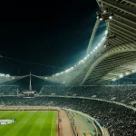 Stadion sepak bola diterangi lampu sorot dengan tribune penuh penonton
