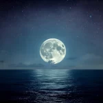 Ilustrasi bulan purnama besar terbit di atas cakrawala laut pada malam hari