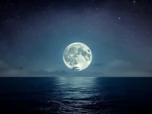 Ilustrasi bulan purnama besar terbit di atas cakrawala laut pada malam hari
