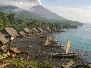 Ilustrasi kampung pesisir berumah panggung beratap daun di tepi pantai pasir gelap dengan perahu bercadik berlayar pandan yang ditambatkan, berlatar hutan sagu dan kerucut gunung berapi berasap