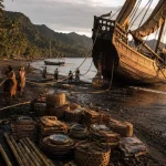 Ilustrasi kapal dagang kayu berlambung tinggi yang kandas miring di pantai berpasir gelap dengan tali tambang terbentang, keranjang anyaman, dan warga menarik tali dari kejauhan
