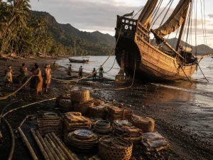 Ilustrasi kapal dagang kayu berlambung tinggi yang kandas miring di pantai berpasir gelap dengan tali tambang terbentang, keranjang anyaman, dan warga menarik tali dari kejauhan