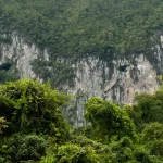 Tebing karst batu kapur dengan mulut-mulut gua menjulang di atas hutan hujan tropis Kalimantan