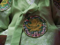 Detail kain hanbok hijau dengan bordir lingkaran bermotif naga.