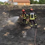 Petugas pemadam kebakaran Rumania menangani tanah membara seusai kebakaran di cagar alam Deliblato Sands, Serbia.