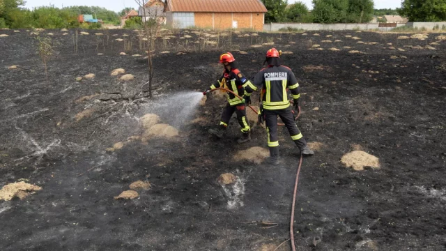 Petugas pemadam kebakaran Rumania menangani tanah membara seusai kebakaran di cagar alam Deliblato Sands, Serbia.