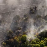 Pandangan udara asap membubung dari lahan yang terbakar di dekat Dunwich Heath, Suffolk