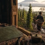 Ilustrasi kebun lada dengan sulur merambat pada tiang kayu di dataran tinggi berkabut, dua warga memikul keranjang rotan berisi lada kering di samping rumah kayu berukir